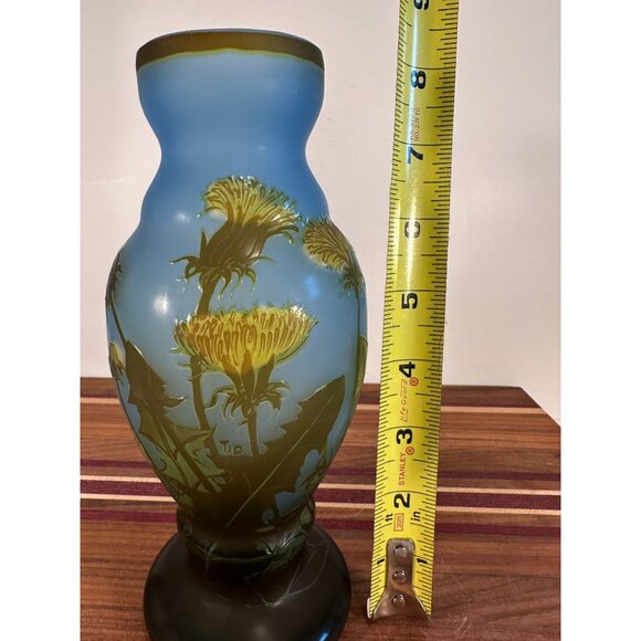 Antique Style Blue & Green Glass Vase With Dandelion Design 10" Tall Handcrafted - Picture 7 of 9